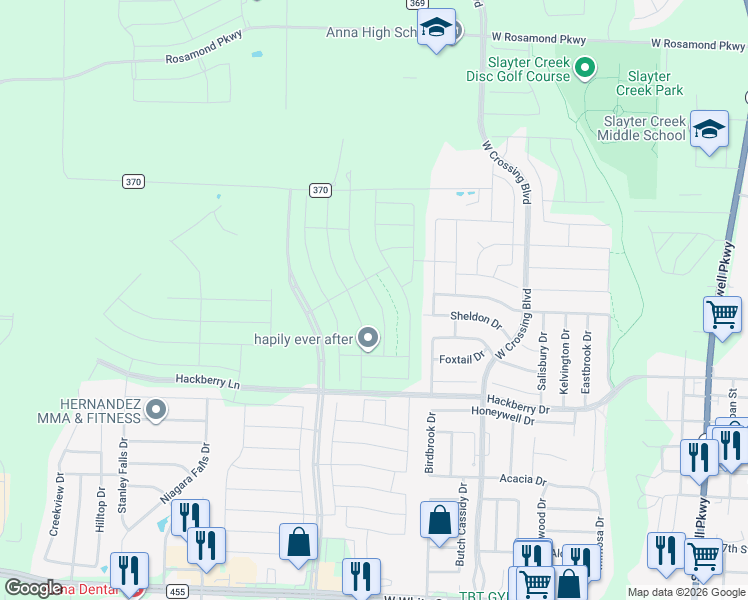 map of restaurants, bars, coffee shops, grocery stores, and more near 1-919 East Co Road 370 in Anna