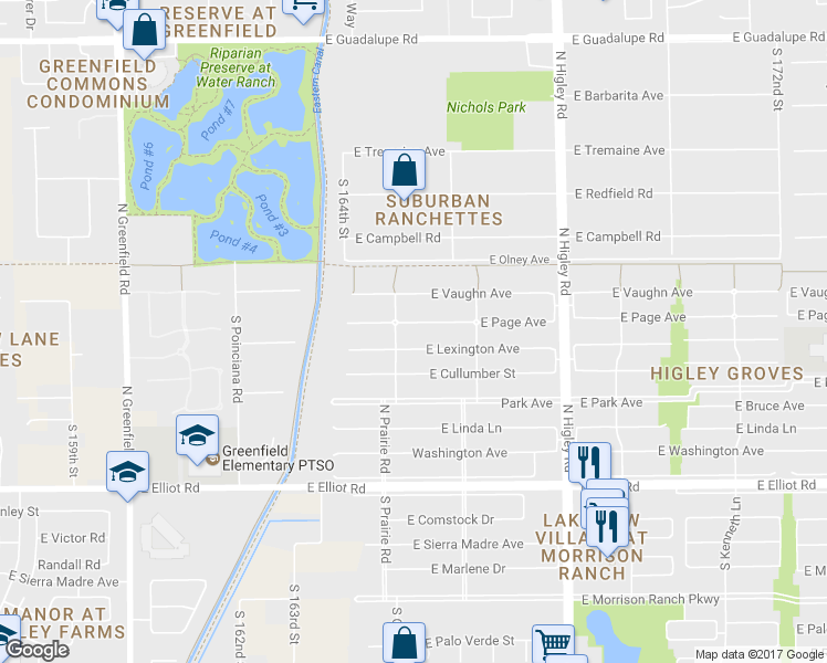 map of restaurants, bars, coffee shops, grocery stores, and more near 2925 Page Avenue in Gilbert