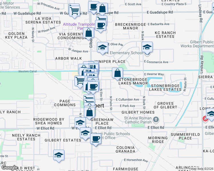map of restaurants, bars, coffee shops, grocery stores, and more near 310 1/2 North Palm Street in Gilbert