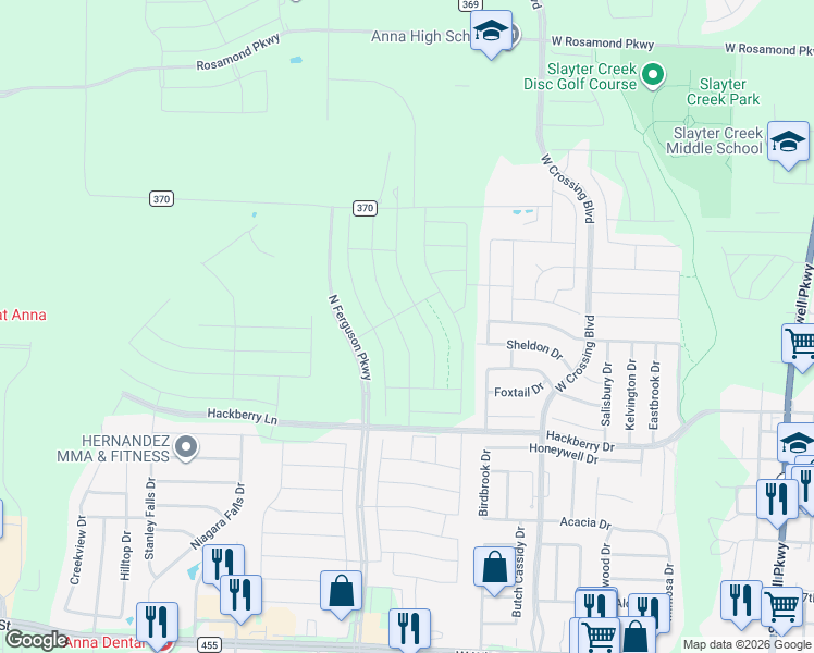 map of restaurants, bars, coffee shops, grocery stores, and more near 1-919 East Co Road 370 in Anna