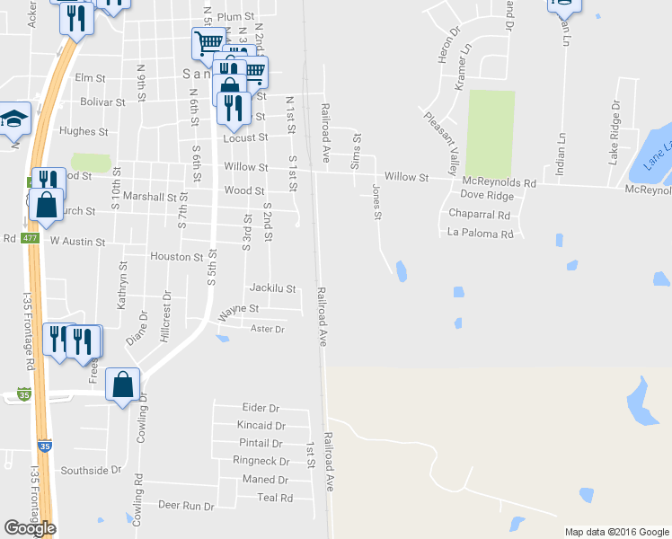 map of restaurants, bars, coffee shops, grocery stores, and more near 400 Railroad Ave in Sanger