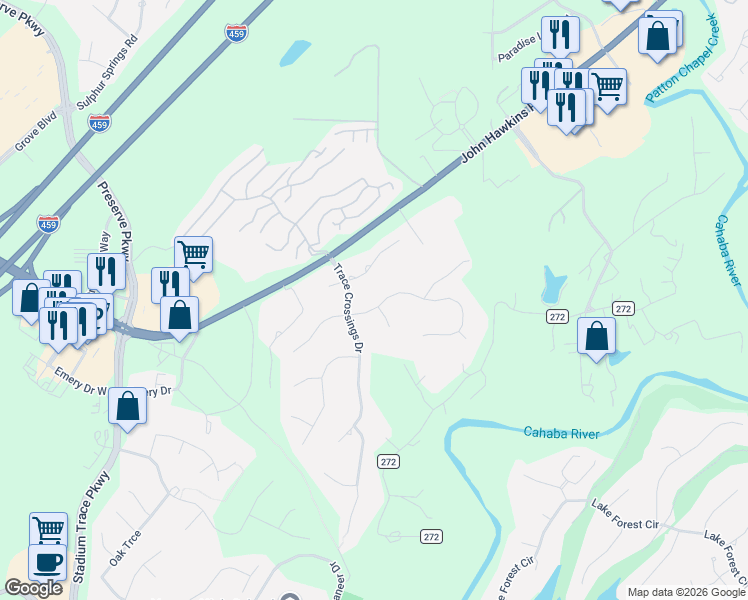 map of restaurants, bars, coffee shops, grocery stores, and more near 287 Trace Ridge Road in Birmingham
