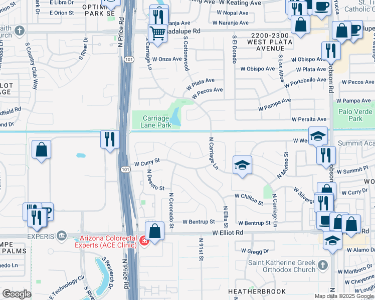 map of restaurants, bars, coffee shops, grocery stores, and more near 2610 West Straford Drive in Chandler