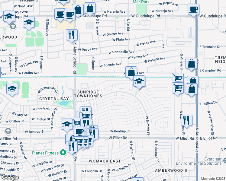 map of restaurants, bars, coffee shops, grocery stores, and more near 638 West Summit Place in Chandler