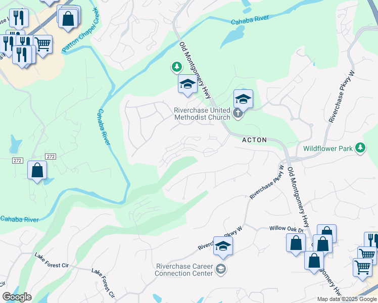 map of restaurants, bars, coffee shops, grocery stores, and more near 105 Chase Plantation Parkway in Hoover