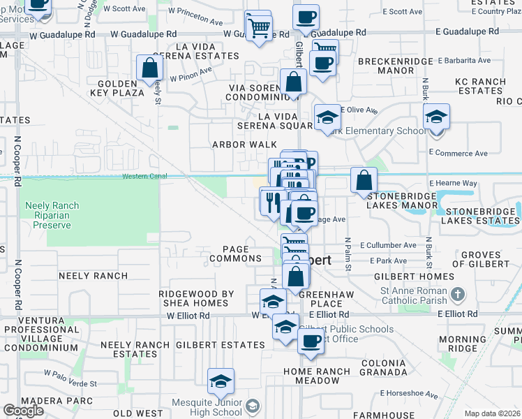 map of restaurants, bars, coffee shops, grocery stores, and more near 313 North Oak Street in Gilbert