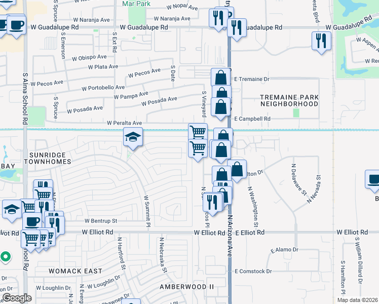 map of restaurants, bars, coffee shops, grocery stores, and more near 3480 North San Marcos Place in Chandler