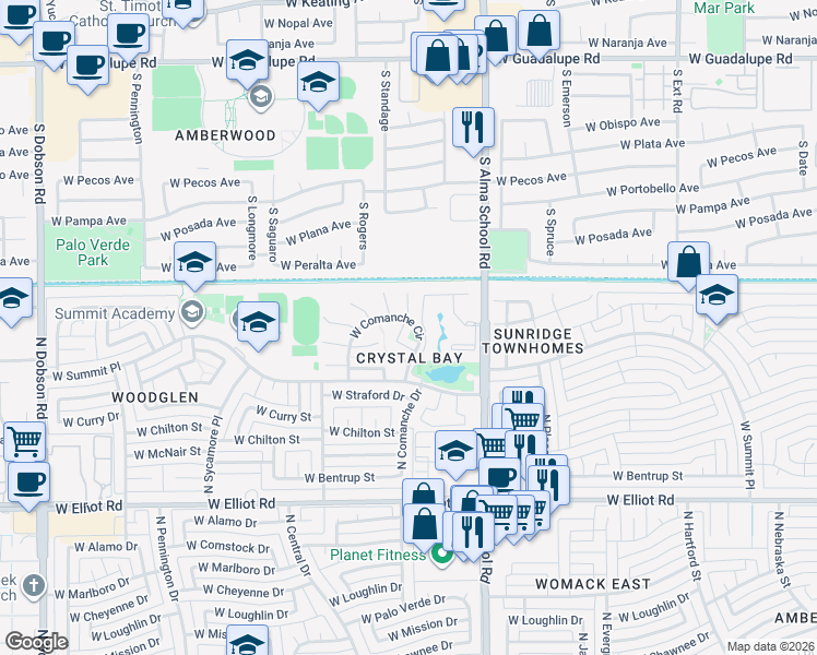 map of restaurants, bars, coffee shops, grocery stores, and more near 3444 North Apache Circle in Chandler