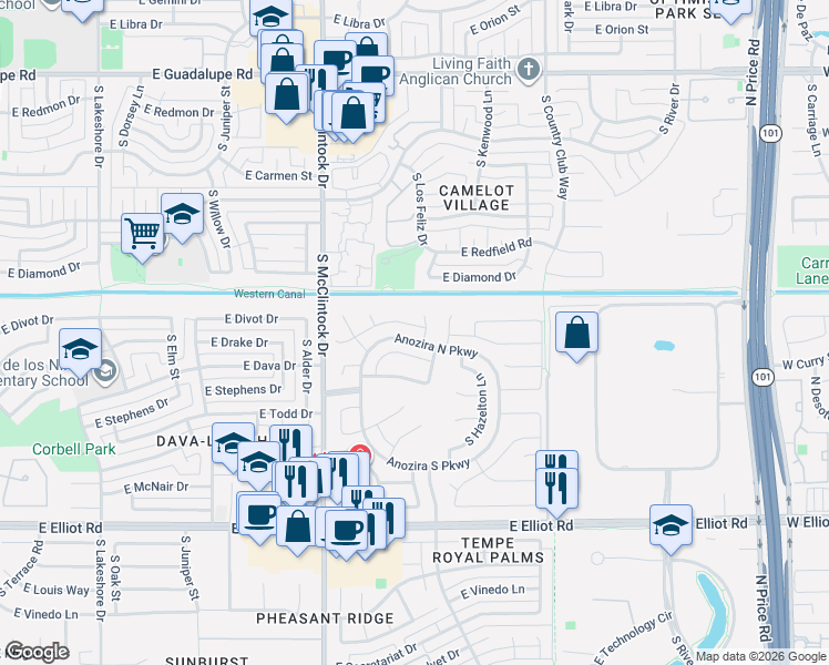 map of restaurants, bars, coffee shops, grocery stores, and more near 1889 East Drake Drive in Tempe