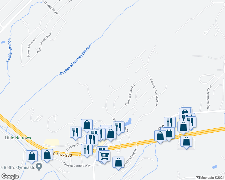 map of restaurants, bars, coffee shops, grocery stores, and more near 201 Chesser Way in Chelsea