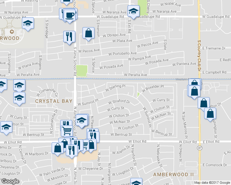 map of restaurants, bars, coffee shops, grocery stores, and more near 638 West Summit Place in Chandler