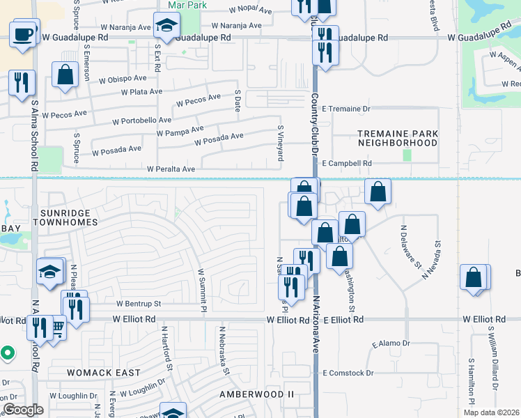 map of restaurants, bars, coffee shops, grocery stores, and more near 3480 North San Marcos Place in Chandler