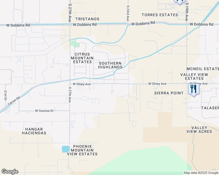 map of restaurants, bars, coffee shops, grocery stores, and more near 2411 West Olney Avenue in Phoenix