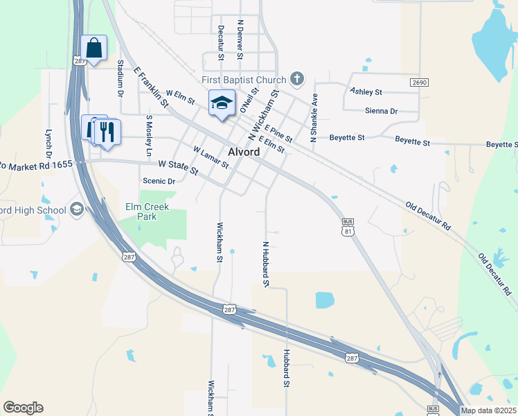 map of restaurants, bars, coffee shops, grocery stores, and more near 303 North Hubbard Street in Alvord