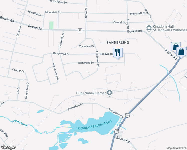map of restaurants, bars, coffee shops, grocery stores, and more near 2344 Fieldcrest Road in Augusta