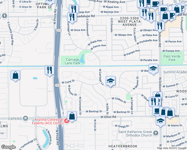 map of restaurants, bars, coffee shops, grocery stores, and more near 2505 West Summit Place in Chandler