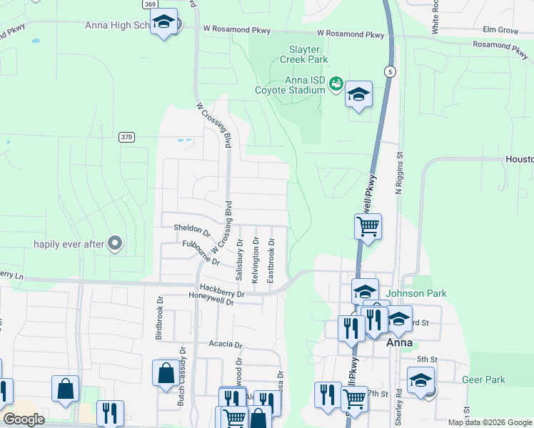 map of restaurants, bars, coffee shops, grocery stores, and more near 725 Glendale Drive in Anna