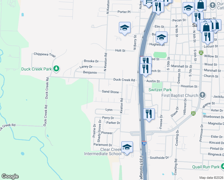 map of restaurants, bars, coffee shops, grocery stores, and more near 1809 Sand Stone in Sanger