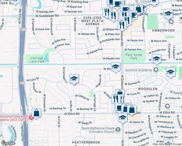 map of restaurants, bars, coffee shops, grocery stores, and more near 2218 W Straford Dr in Chandler