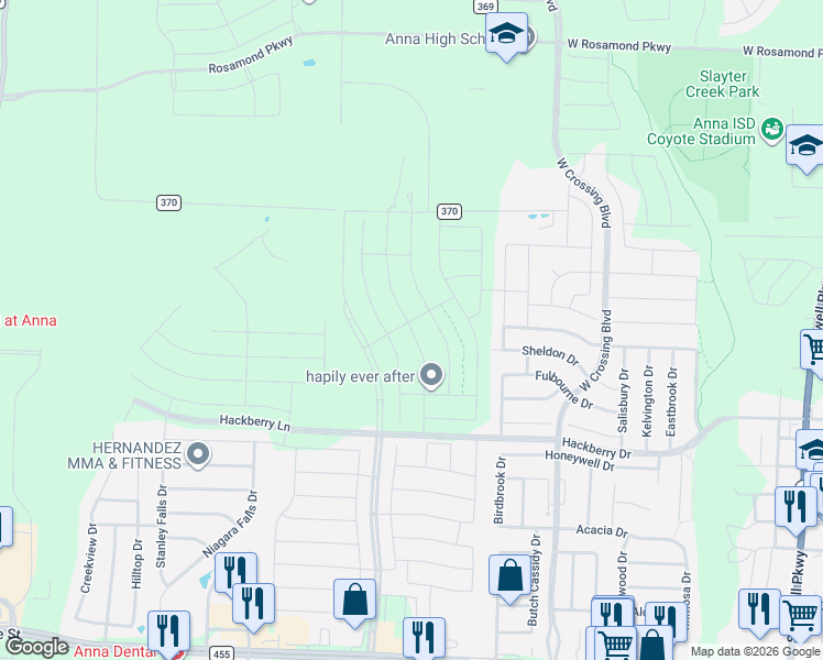 map of restaurants, bars, coffee shops, grocery stores, and more near 1510 West Hackberry Lane in Anna