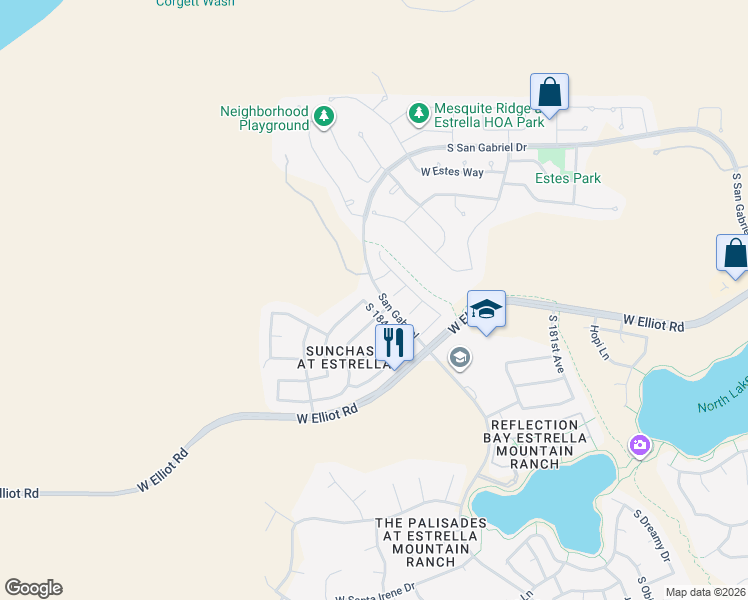 map of restaurants, bars, coffee shops, grocery stores, and more near 10005 South 184th Drive in Goodyear