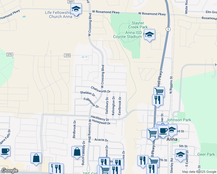 map of restaurants, bars, coffee shops, grocery stores, and more near 825 Glendale Drive in Anna