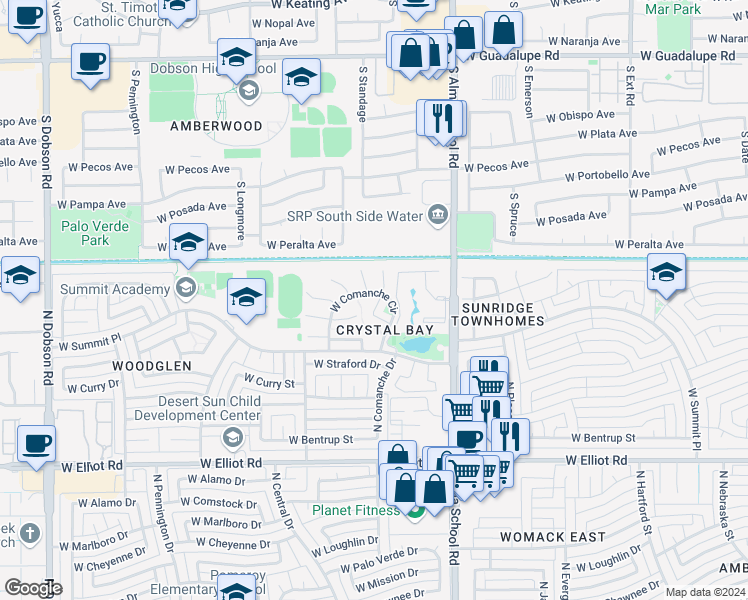 map of restaurants, bars, coffee shops, grocery stores, and more near 3444 North Apache Circle in Chandler