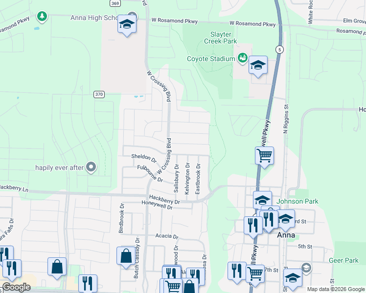 map of restaurants, bars, coffee shops, grocery stores, and more near 825 Glendale Drive in Anna