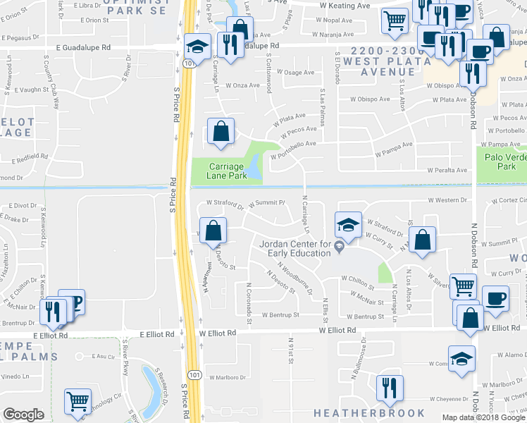 map of restaurants, bars, coffee shops, grocery stores, and more near 2610 West Straford Drive in Chandler