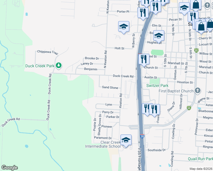 map of restaurants, bars, coffee shops, grocery stores, and more near 1809 Sand Stone in Sanger