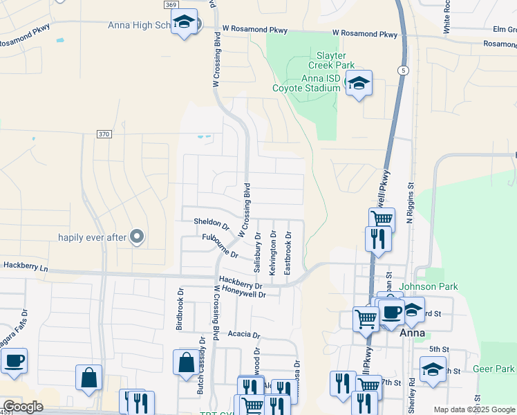 map of restaurants, bars, coffee shops, grocery stores, and more near 825 Glendale Drive in Anna