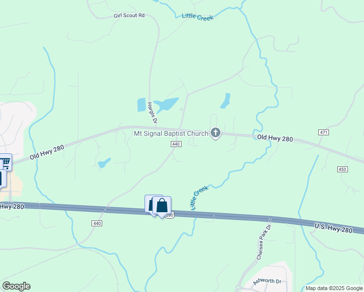 map of restaurants, bars, coffee shops, grocery stores, and more near 1343 County Road 440 in Sterrett