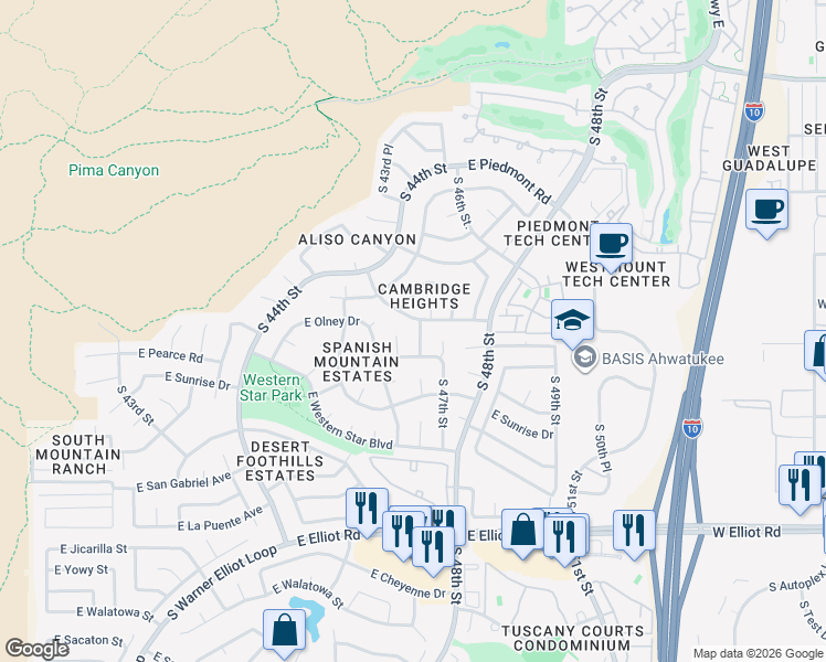 map of restaurants, bars, coffee shops, grocery stores, and more near 10021 South 46th Place in Phoenix