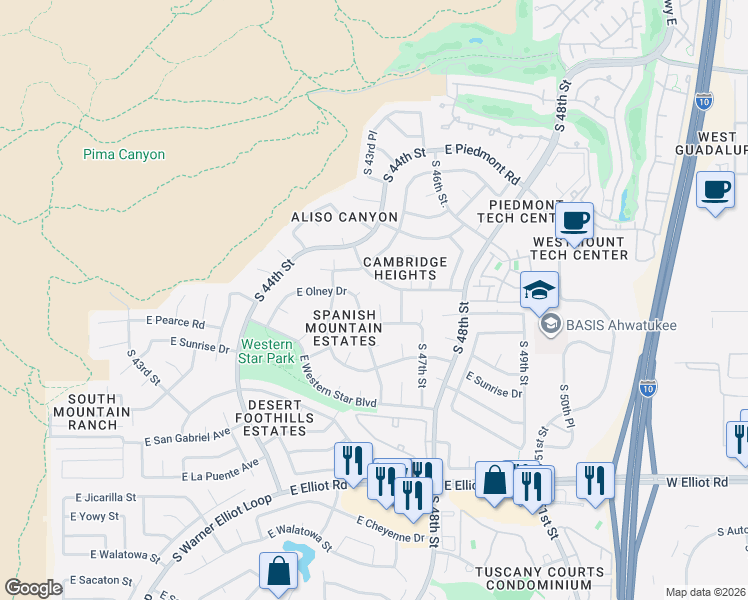 map of restaurants, bars, coffee shops, grocery stores, and more near 10021 South 46th Place in Phoenix