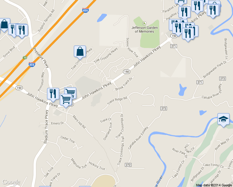 map of restaurants, bars, coffee shops, grocery stores, and more near 5112 Trace Crossings Drive in Birmingham
