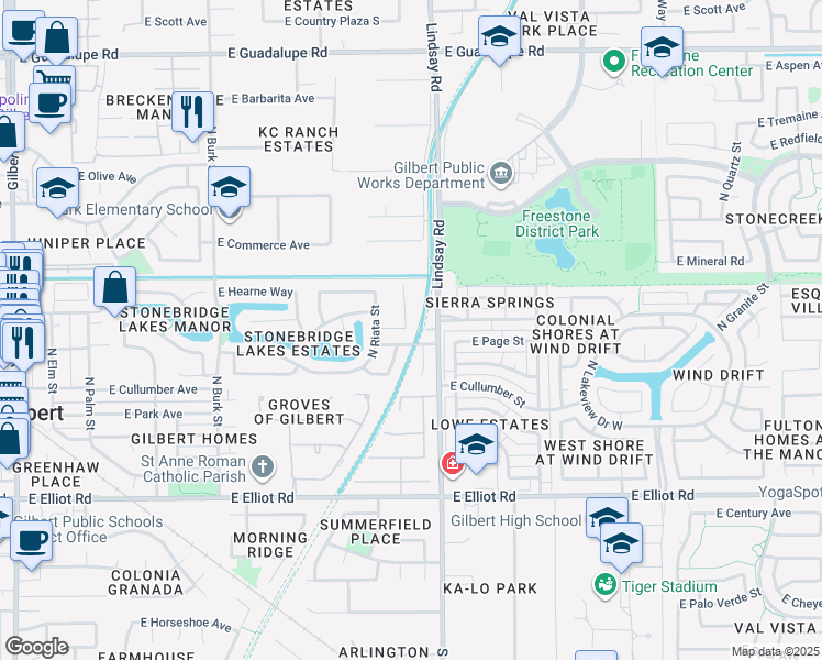 map of restaurants, bars, coffee shops, grocery stores, and more near 249 North Silverado Street in Gilbert