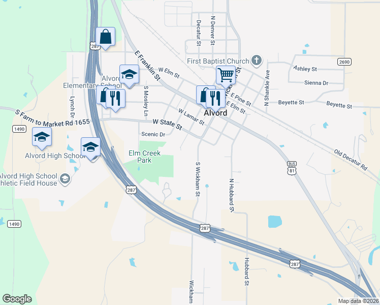 map of restaurants, bars, coffee shops, grocery stores, and more near 402 South Wickham Street in Alvord