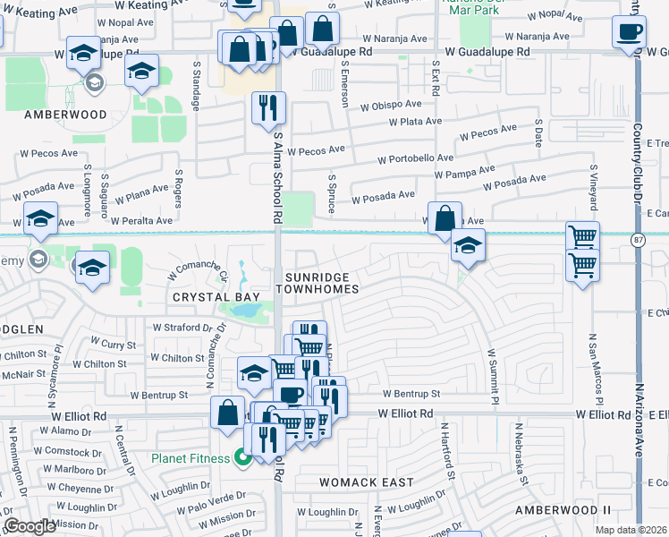 map of restaurants, bars, coffee shops, grocery stores, and more near 3406 North Sunridge Lane in Chandler
