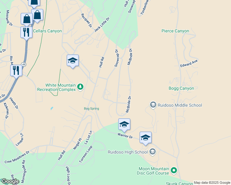 map of restaurants, bars, coffee shops, grocery stores, and more near 122 McBride Drive in Ruidoso