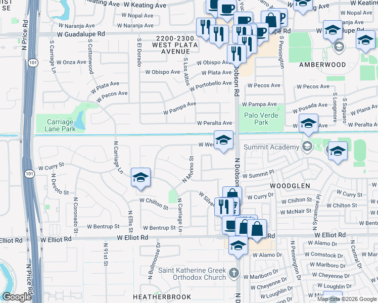 map of restaurants, bars, coffee shops, grocery stores, and more near 3308 North Morino Street in Chandler