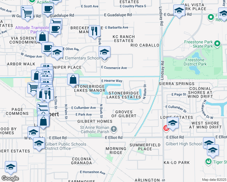 map of restaurants, bars, coffee shops, grocery stores, and more near 437 East Vaughn Avenue in Gilbert