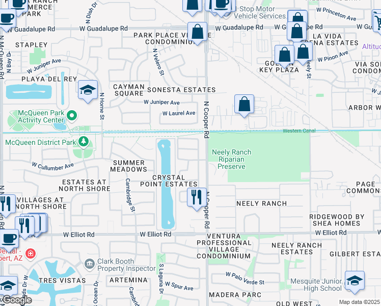 map of restaurants, bars, coffee shops, grocery stores, and more near 861 West Page Avenue in Gilbert