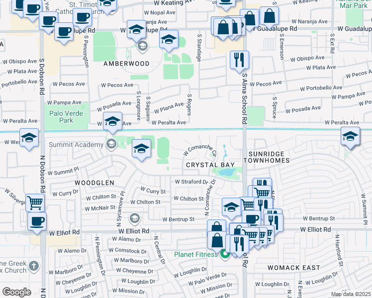 map of restaurants, bars, coffee shops, grocery stores, and more near 1302 West Cortez Court in Chandler