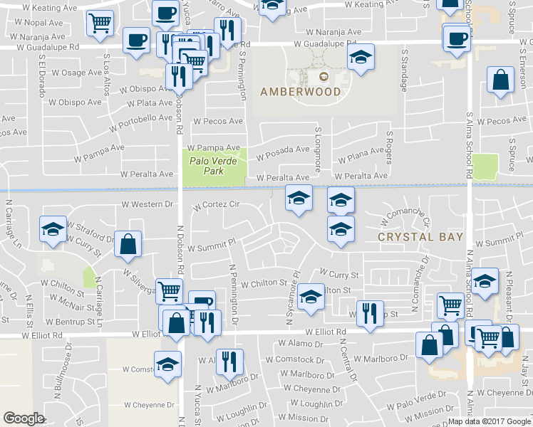 map of restaurants, bars, coffee shops, grocery stores, and more near 1704 West Cortez Circle in Chandler