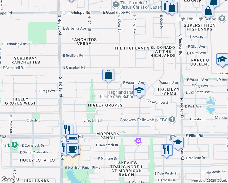map of restaurants, bars, coffee shops, grocery stores, and more near 3545 East Page Court in Gilbert