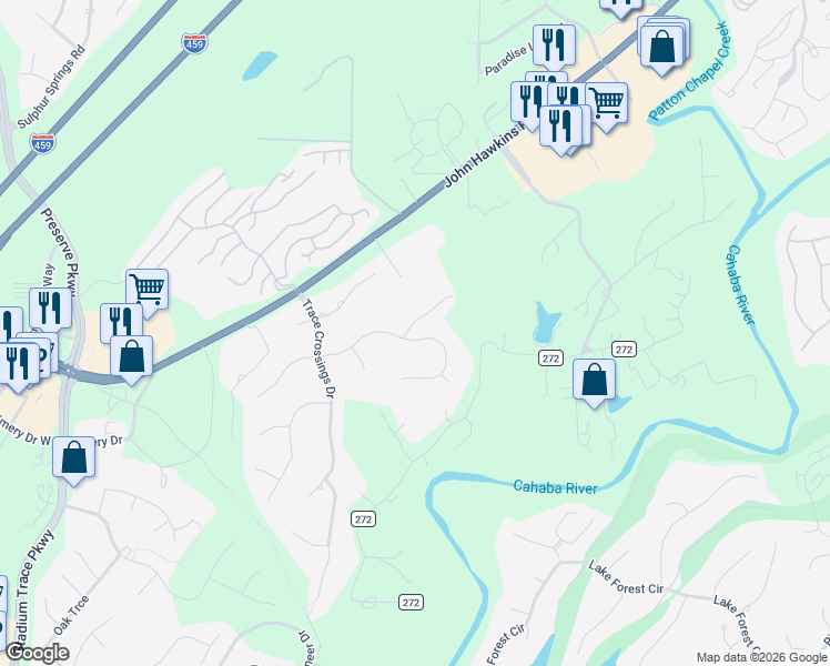 map of restaurants, bars, coffee shops, grocery stores, and more near 5418 Trace Ridge Lane in Birmingham