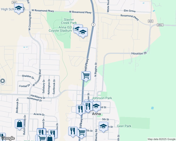 map of restaurants, bars, coffee shops, grocery stores, and more near 802 North Powell Parkway in Anna