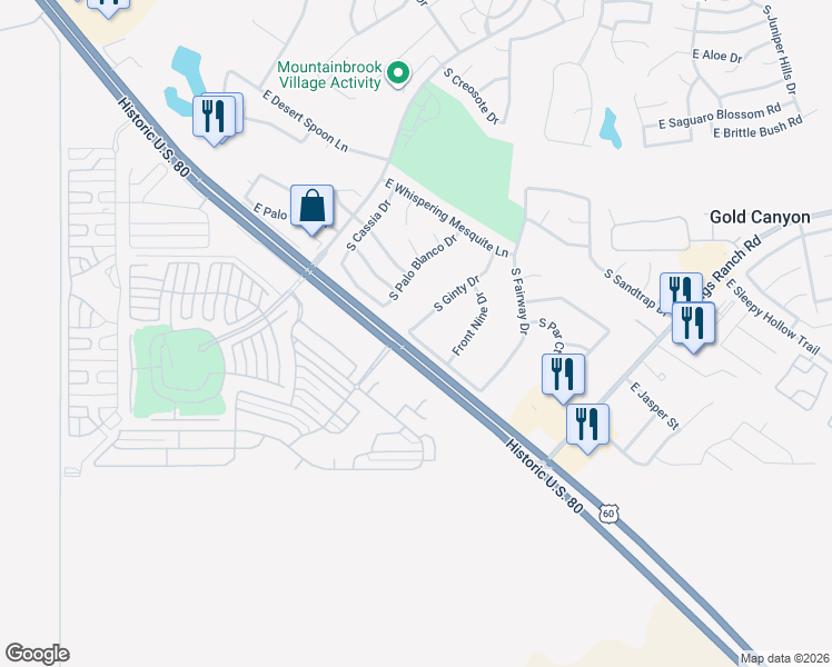 map of restaurants, bars, coffee shops, grocery stores, and more near 6505 South Ginty Drive in Gold Canyon