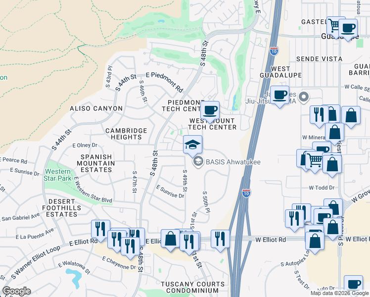 map of restaurants, bars, coffee shops, grocery stores, and more near 4848 East Mineral Road in Phoenix