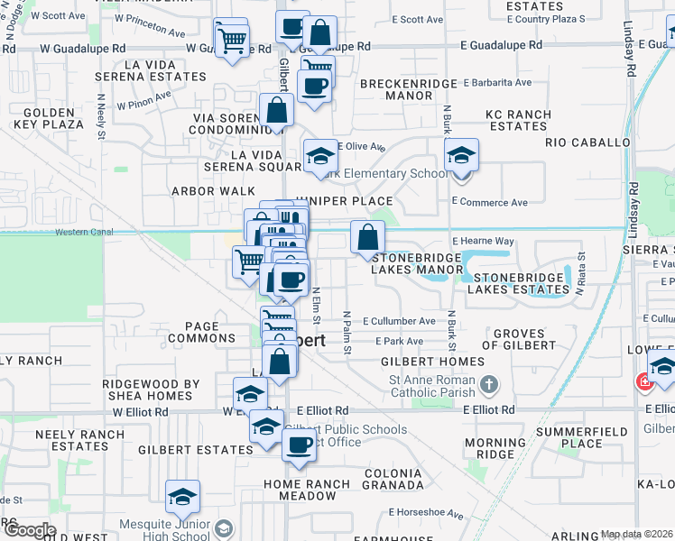 map of restaurants, bars, coffee shops, grocery stores, and more near 310 1/2 North Palm Street in Gilbert